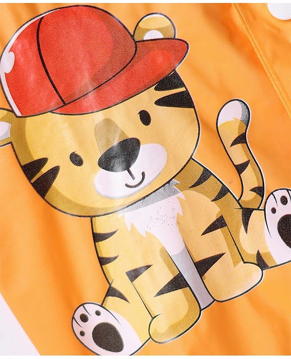 Babyhug Full Sleeves Below Knee Length Raincoat With Tiger Print - Orange
