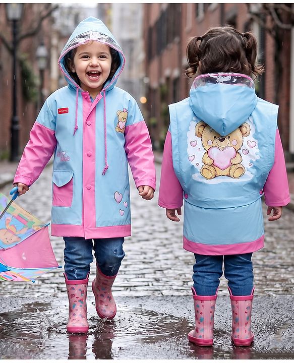 Babyhug Full Sleeves Below Knee Length Raincoat With Teddy Box Print - Pink & Light Blue