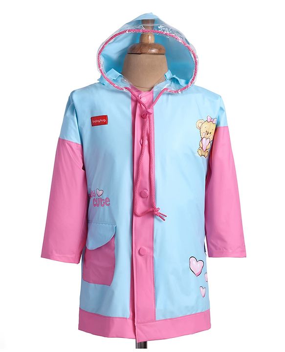 Babyhug Full Sleeves Below Knee Length Raincoat With Teddy Box Print - Pink & Light Blue