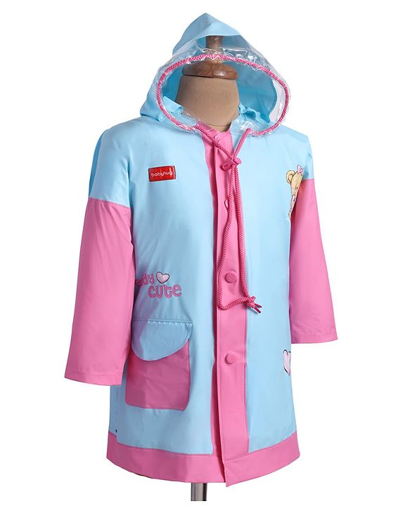 Babyhug Full Sleeves Below Knee Length Raincoat With Teddy Box Print - Pink & Light Blue