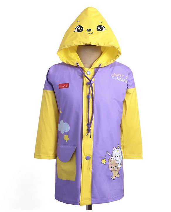 Babyhug Full Sleeves Below Knee Length Raincoat With Animal Print - Purple & Yellow