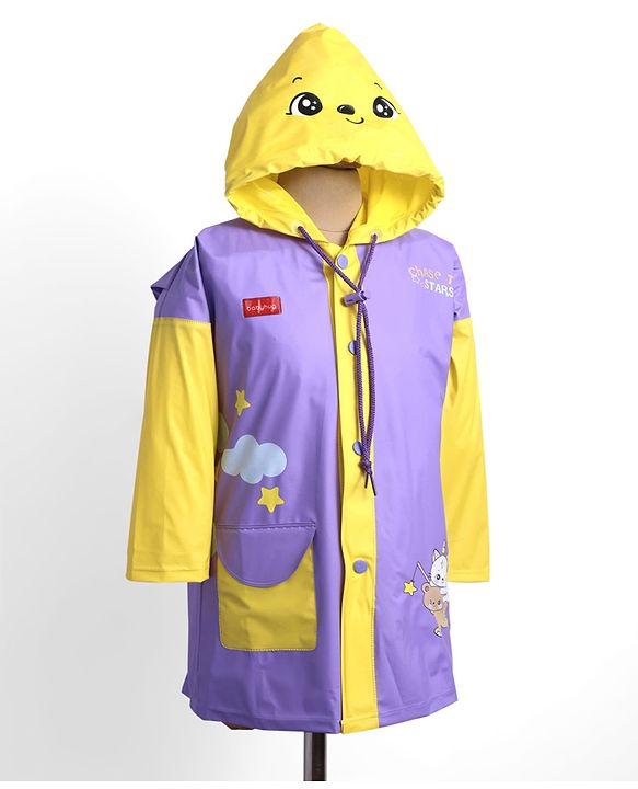 Babyhug Full Sleeves Below Knee Length Raincoat With Animal Print - Purple & Yellow