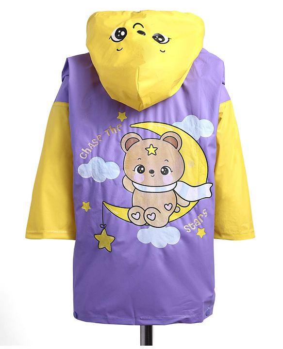 Babyhug Full Sleeves Below Knee Length Raincoat With Animal Print - Purple & Yellow
