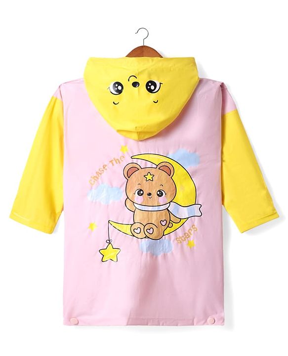 Babyhug Full Sleeves Below Knee Length Raincoat With Unicorn & Teddy Bear Print - Pink & Yellow