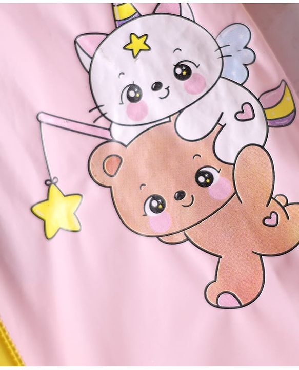 Babyhug Full Sleeves Below Knee Length Raincoat With Unicorn & Teddy Bear Print - Pink & Yellow
