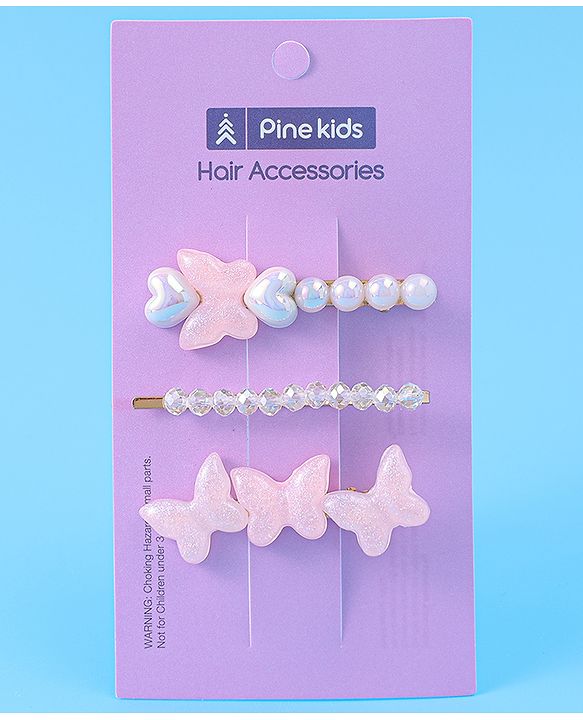 Pine Kids Free Size Hair Pins & Clips with Butterfly Applique Pack of 3 - Light Pink