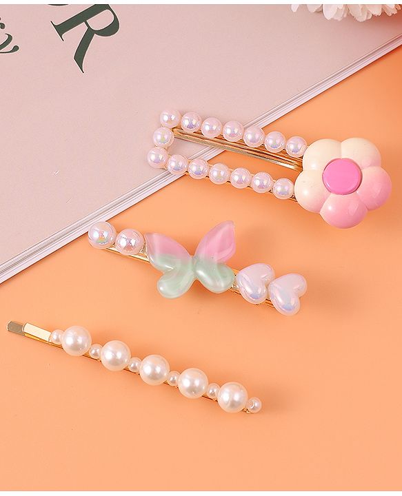 Pine Kids Free Size  Hair Pins & Clips with Floral Applique Pack of 3 - Pink