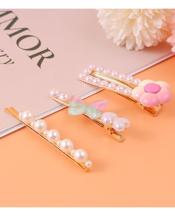 Pine Kids Free Size  Hair Pins & Clips with Floral Applique Pack of 3 - Pink