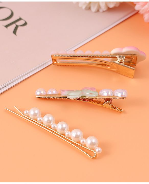 Pine Kids Free Size  Hair Pins & Clips with Floral Applique Pack of 3 - Pink