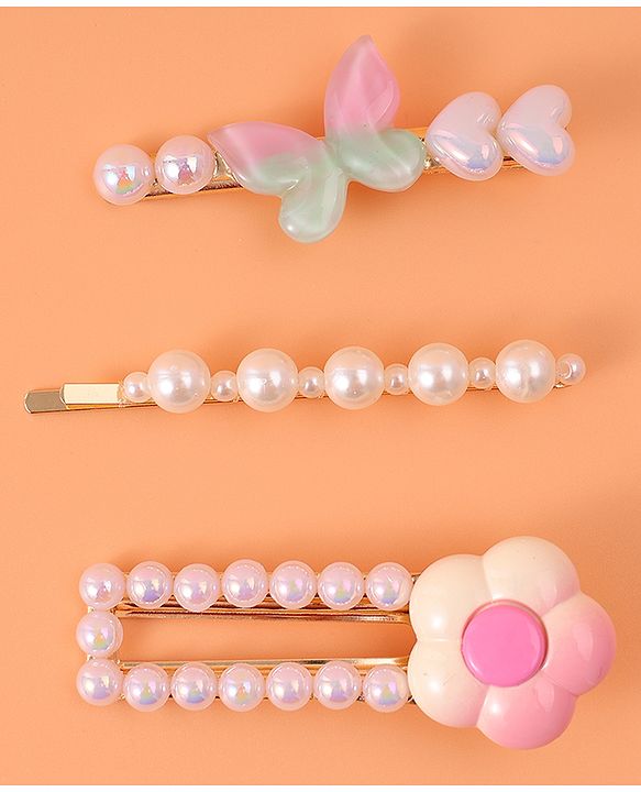 Pine Kids Free Size  Hair Pins & Clips with Floral Applique Pack of 3 - Pink
