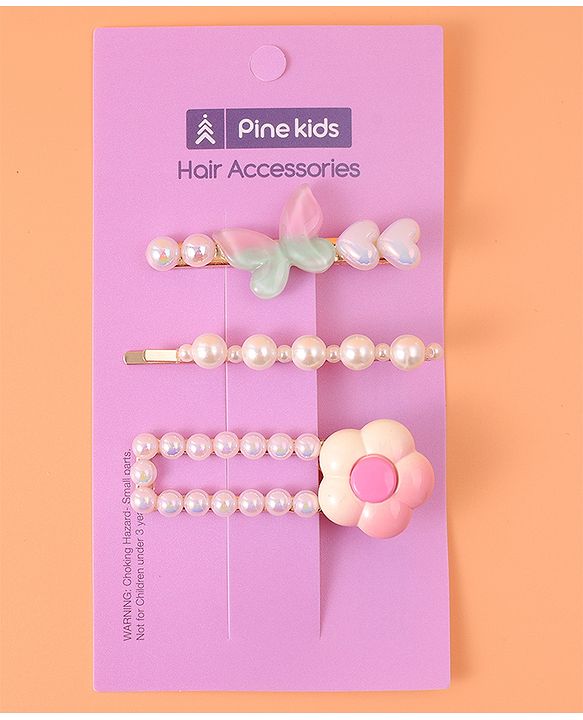Pine Kids Free Size  Hair Pins & Clips with Floral Applique Pack of 3 - Pink