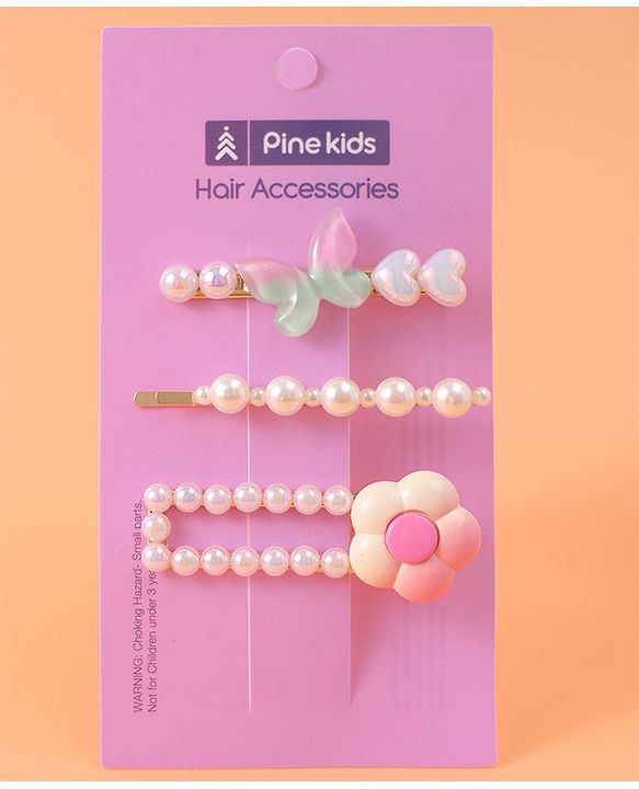 Pine Kids Free Size  Hair Pins & Clips with Floral Applique Pack of 3 - Pink