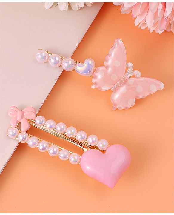 Pine Kids Free Size Hair Pins & Clips with Heart Applique Pack of 2 - Pink