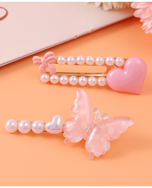 Pine Kids Free Size Hair Pins & Clips with Heart Applique Pack of 2 - Pink