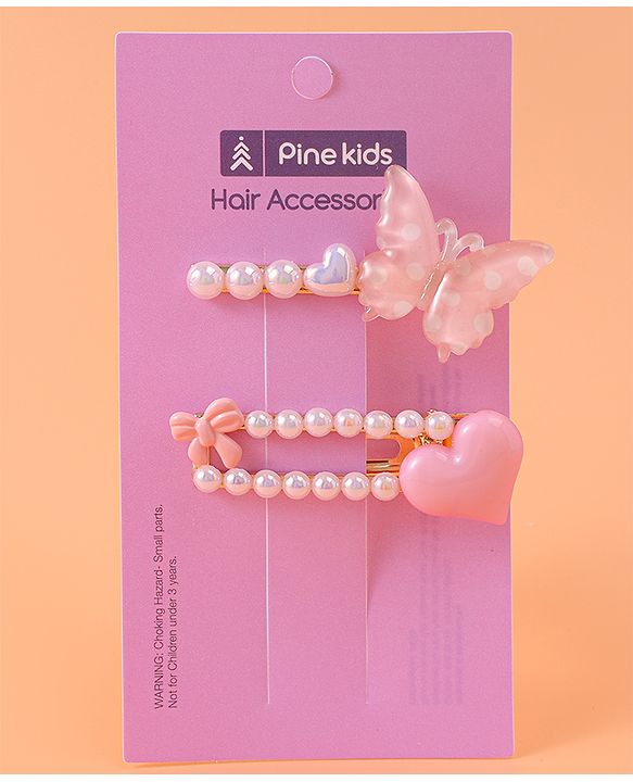 Pine Kids Free Size Hair Pins & Clips with Heart Applique Pack of 2 - Pink