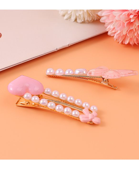 Pine Kids Free Size Hair Pins & Clips with Heart Applique Pack of 2 - Pink