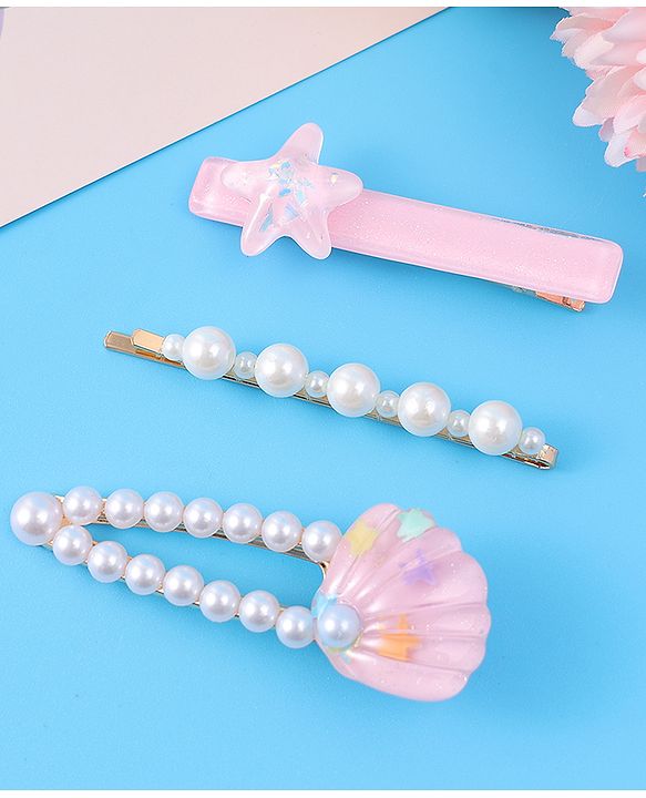 Pine Kids Free Size Hair Pins & Clips with Sea Shell Applique Pack of 3 - Light Pink