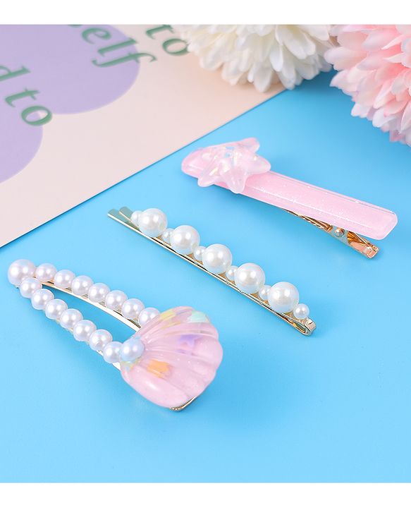 Pine Kids Free Size Hair Pins & Clips with Sea Shell Applique Pack of 3 - Light Pink