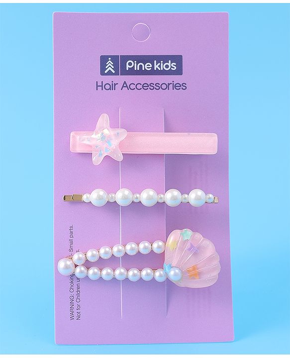 Pine Kids Free Size Hair Pins & Clips with Sea Shell Applique Pack of 3 - Light Pink