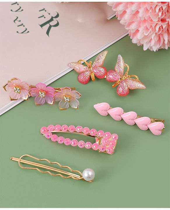 Pine Kids Hair Pins & Clips with Butterfly Applique Pack of 5 - Pink