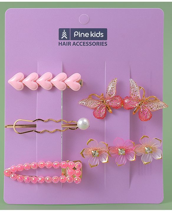 Pine Kids Hair Pins & Clips with Butterfly Applique Pack of 5 - Pink