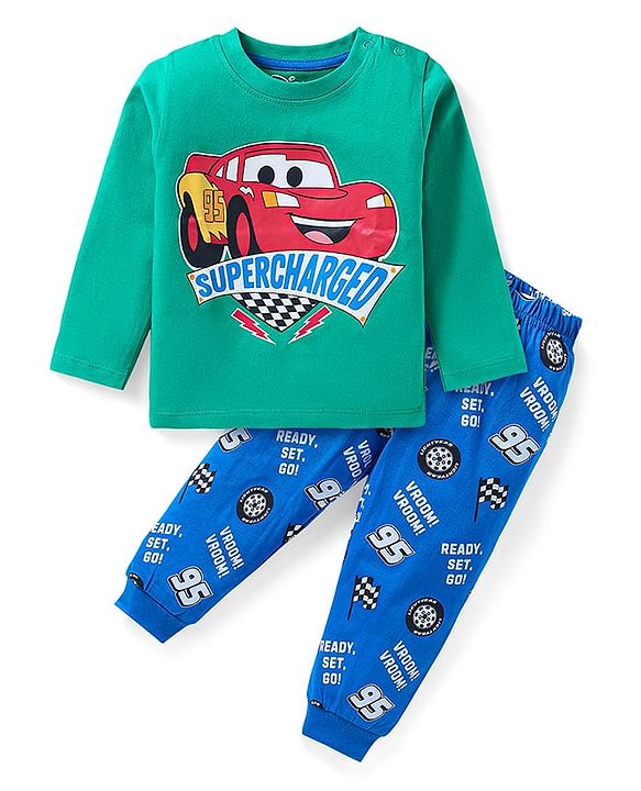 Babyhug Disney Single Jersey Knit Full Sleeves Night Suit With Car Graphics - Blue & Green