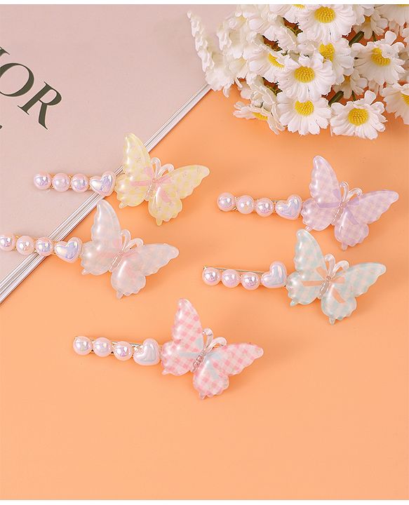 Pine Kids Free Size Hair Pins & Clips with Butterfly Applique Pack of 5 - Pink