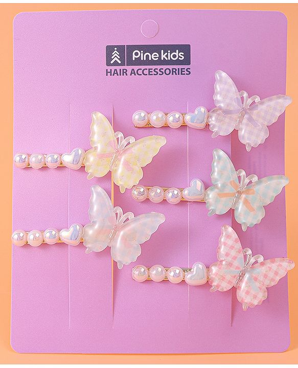 Pine Kids Free Size Hair Pins & Clips with Butterfly Applique Pack of 5 - Pink