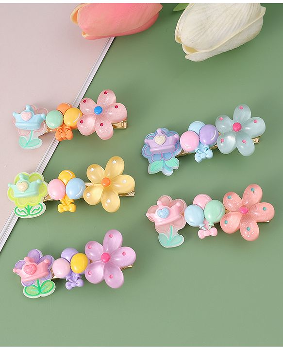 Babyhug Free Size Hair Pins And Clips With Floral Applique Pack of 5 - Multicolor