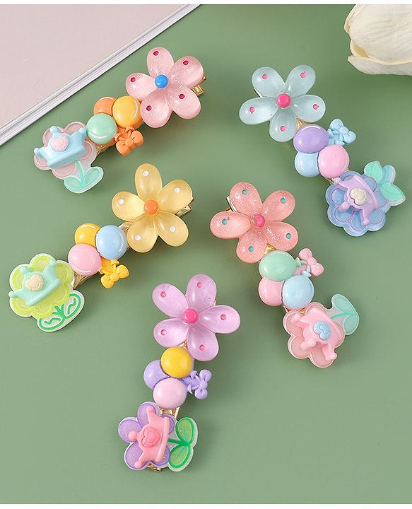 Babyhug Free Size Hair Pins And Clips With Floral Applique Pack of 5 - Multicolor