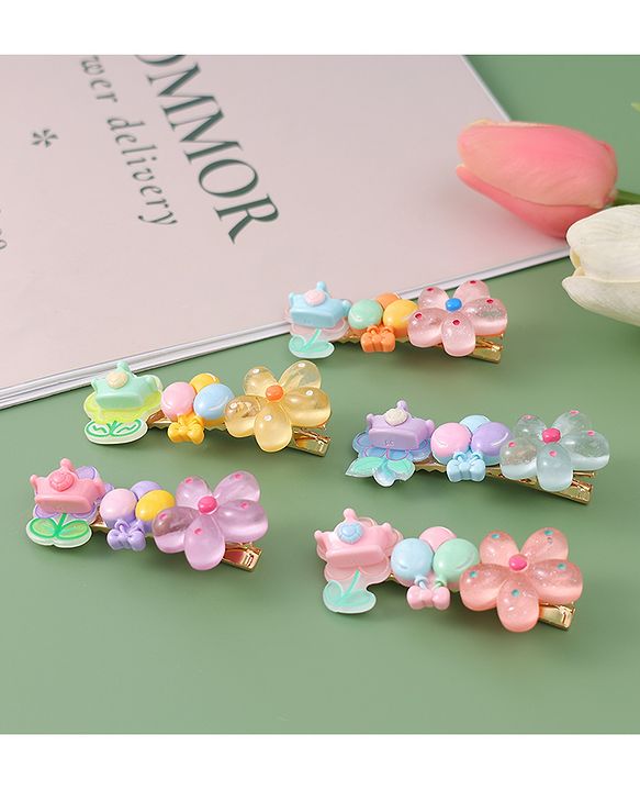Babyhug Free Size Hair Pins And Clips With Floral Applique Pack of 5 - Multicolor