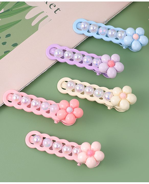 Babyhug Free Size Hair Pins And Clips With Floral Applique Pack of 5 - Multicolor