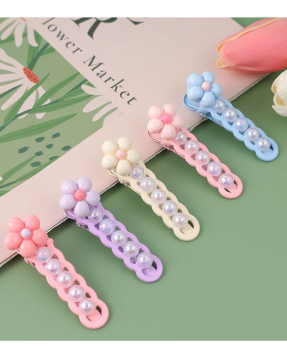 Babyhug Free Size Hair Pins And Clips With Floral Applique Pack of 5 - Multicolor