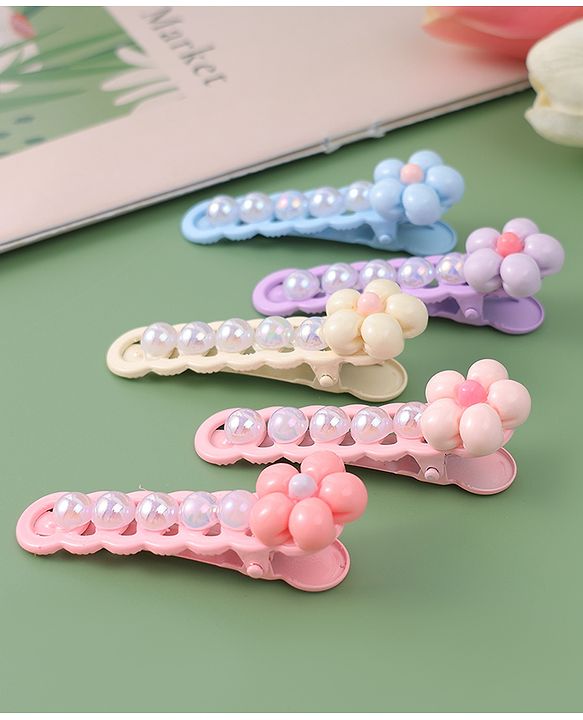 Babyhug Free Size Hair Pins And Clips With Floral Applique Pack of 5 - Multicolor