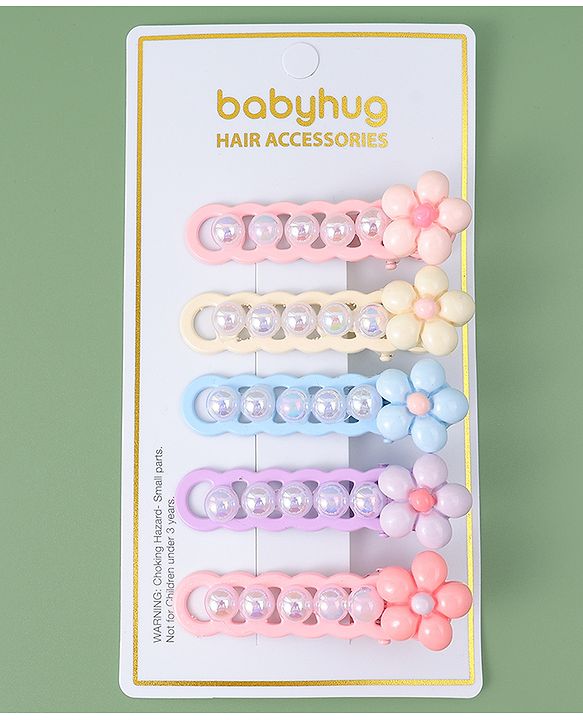 Babyhug Free Size Hair Pins And Clips With Floral Applique Pack of 5 - Multicolor