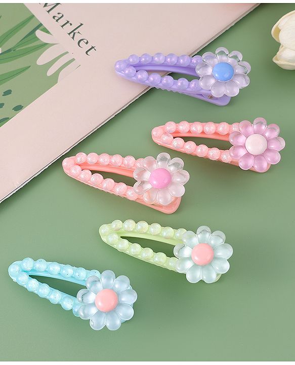 Babyhug Free Size Hair Pins And Clips With Floral Applique Pack of 5 - Multicolor