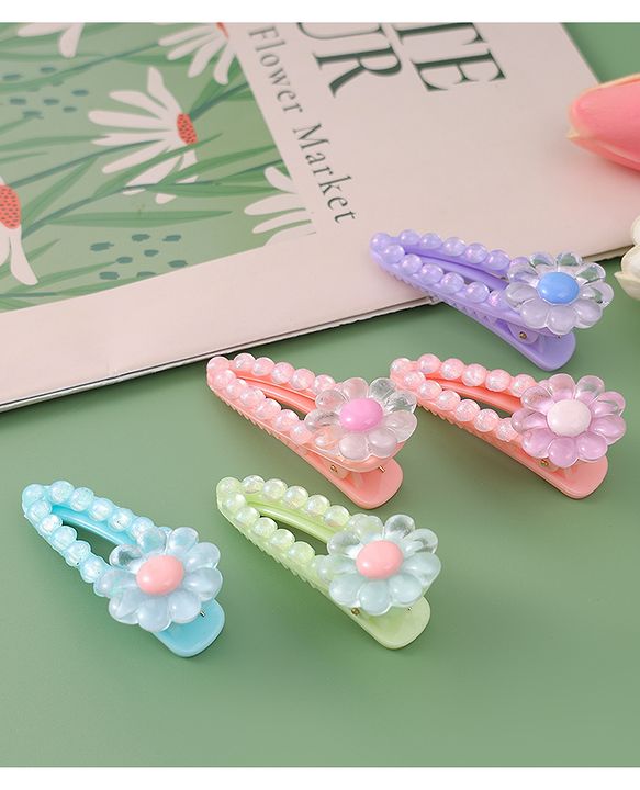 Babyhug Free Size Hair Pins And Clips With Floral Applique Pack of 5 - Multicolor