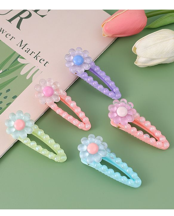 Babyhug Free Size Hair Pins And Clips With Floral Applique Pack of 5 - Multicolor