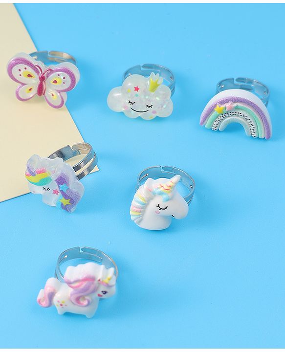 Babyhug Free Size Butterfly & Unicorn Design Finger Ring Pack of 6 - Multicolour