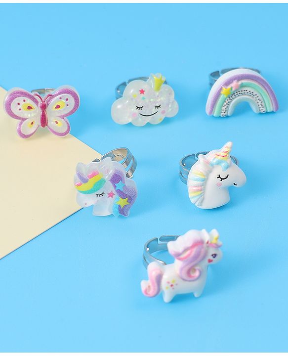 Babyhug Free Size Butterfly & Unicorn Design Finger Ring Pack of 6 - Multicolour