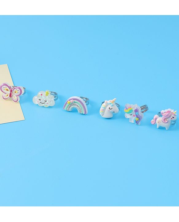 Babyhug Free Size Butterfly & Unicorn Design Finger Ring Pack of 6 - Multicolour