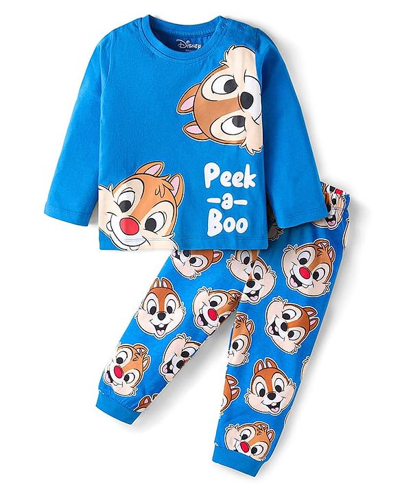 Babyhug Disney Single Jersey Knit Full Sleeves Night Suit with Chip N Dale Graphic - Blue
