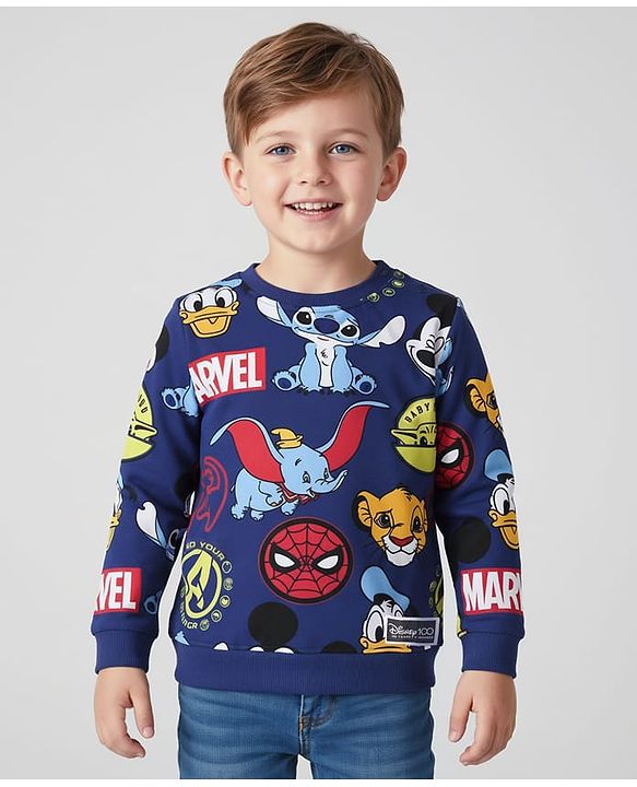 Babyhug Disney Terry Knit Full Sleeves T-Shirt with Disney Characters Print - Navy Blue
