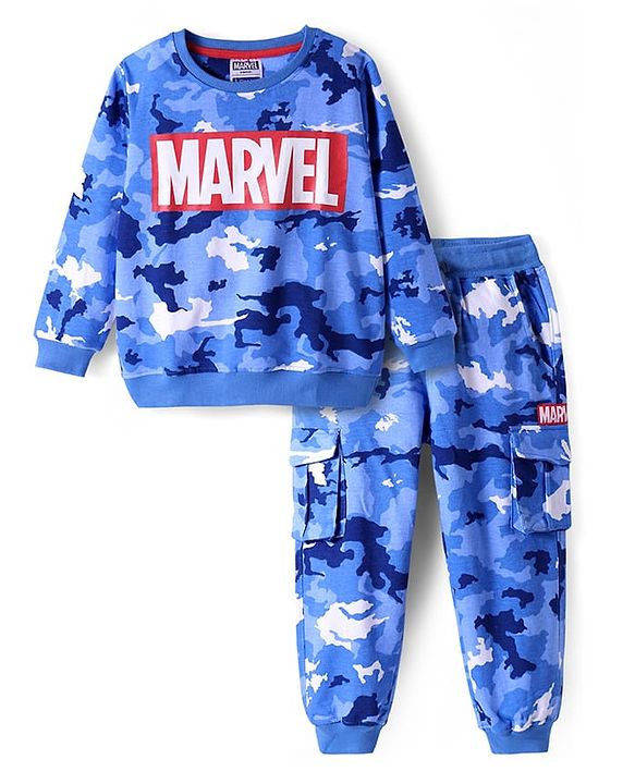 Pine Kids Marvel Terry Knit Full Sleeve T-Shirt &  Lounge Pant Set With Marvel Graphic And Cargo Pockets - Blue