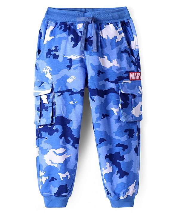 Pine Kids Marvel Terry Knit Full Sleeve T-Shirt &  Lounge Pant Set With Marvel Graphic And Cargo Pockets - Blue