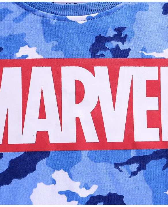 Pine Kids Marvel Terry Knit Full Sleeve T-Shirt &  Lounge Pant Set With Marvel Graphic And Cargo Pockets - Blue