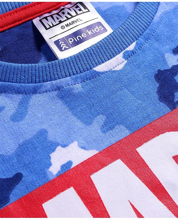 Pine Kids Marvel Terry Knit Full Sleeve T-Shirt &  Lounge Pant Set With Marvel Graphic And Cargo Pockets - Blue