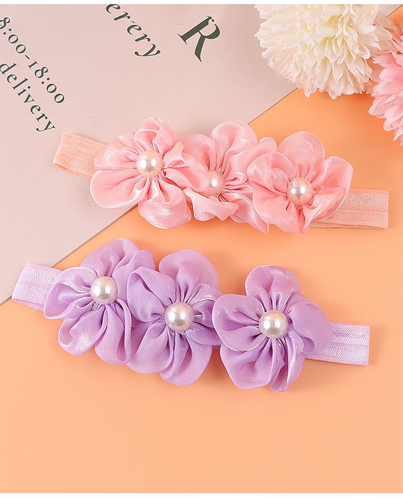 Babyhug Free Size Headbands With Floral Applique & Pearl Detailing - Purple & Pink