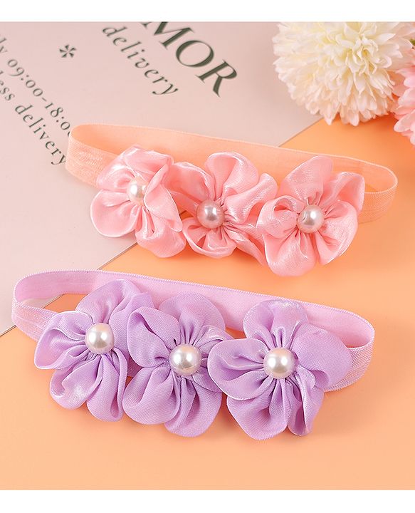 Babyhug Free Size Headbands With Floral Applique & Pearl Detailing - Purple & Pink