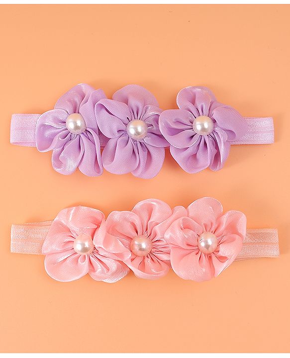 Babyhug Free Size Headbands With Floral Applique & Pearl Detailing - Purple & Pink
